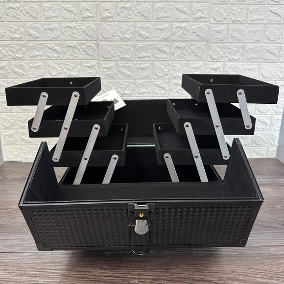 Large Makeup Train Case Cosmetics Organizer Portable Extendable Tray Matte Black - Picture 8 of 11